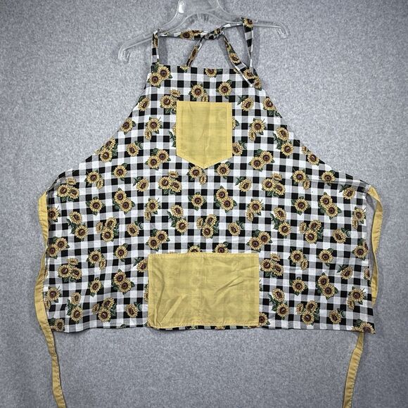 Apron Womens Sunflower Floral Print Bib Apron Yellow Trim Pockets  & Ties - Picture 1 of 11